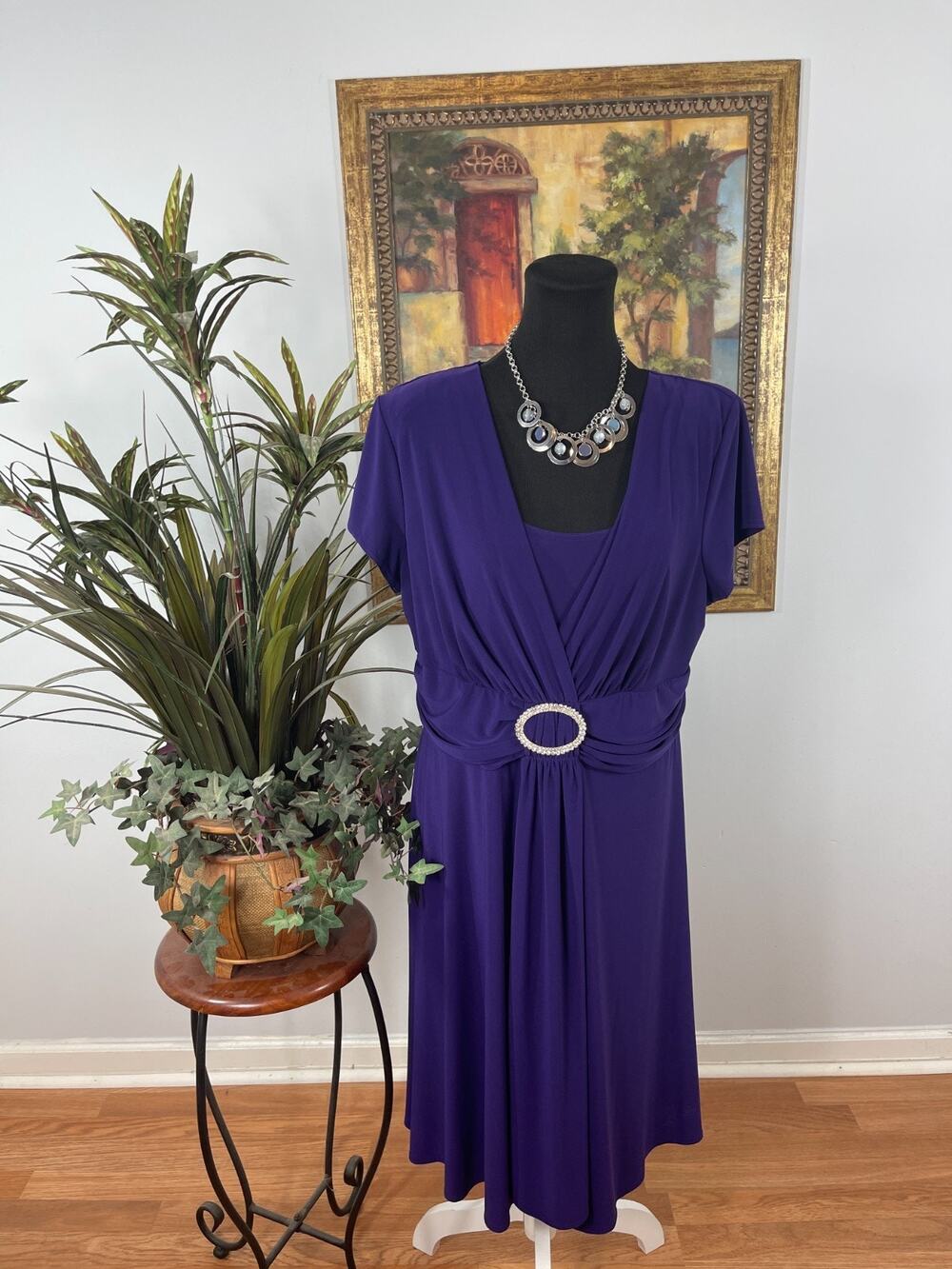 R&M Richards Faux Wrap Dress Women's Size 18 Purple Regencycore Grecian Inspired